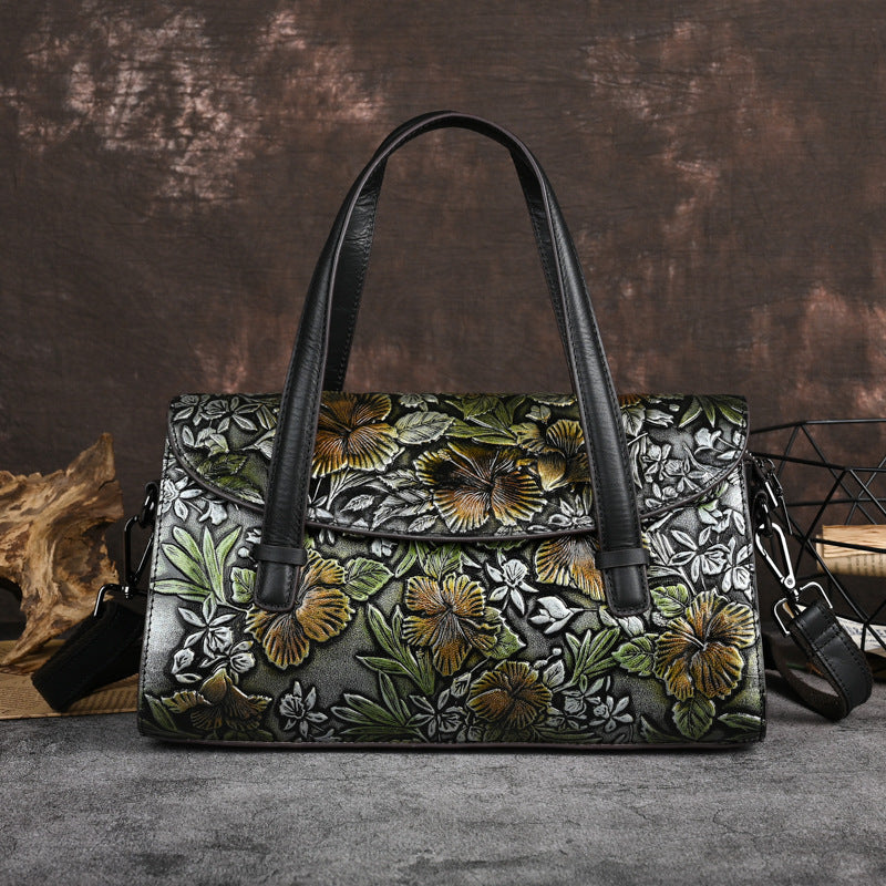 Genuine Italian Leather Women's Bag Flowers Retro Portable Shoulder