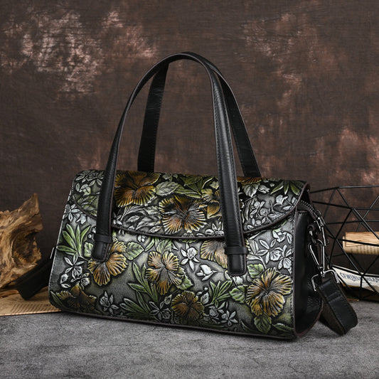 Genuine Italian Leather Women's Bag Flowers Retro Portable Shoulder