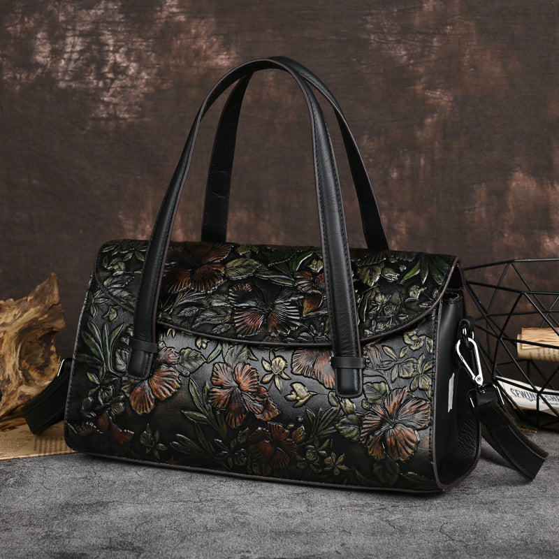 Genuine Italian Leather Women's Bag Flowers Retro Portable Shoulder
