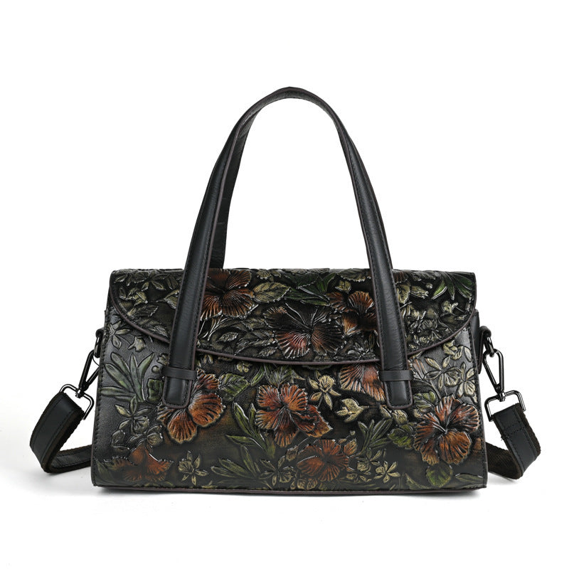 Genuine Italian Leather Women's Bag Flowers Retro Portable Shoulder