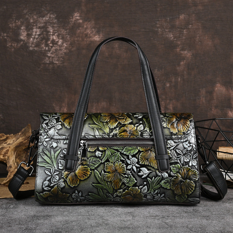 Genuine Italian Leather Women's Bag Flowers Retro Portable Shoulder